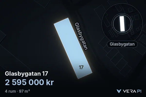 VERA PI's image of Glasbygatan 17: the building in 3D, lit in blue, and the map around it