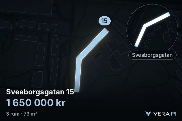 VERA PI:s bild av Sveaborgsgatan 15: huset i 3D, upplyst i blått, och kartan runt omkring