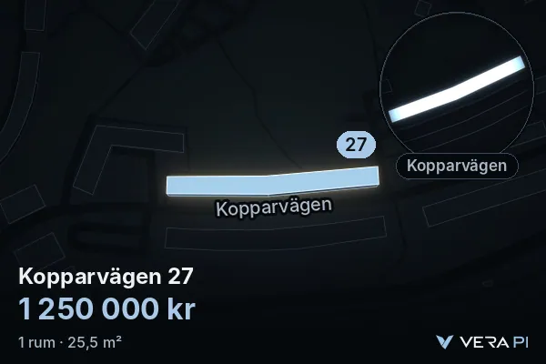 VERA PI's image of Kopparvägen 27: the building in 3D, lit in blue, and the map around it