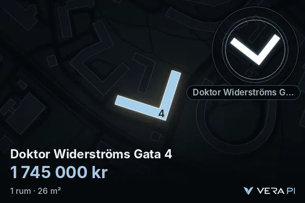 VERA PI:s bild av Doktor Widerströms Gata 4: huset i 3D, upplyst i blått, och kartan runt omkring