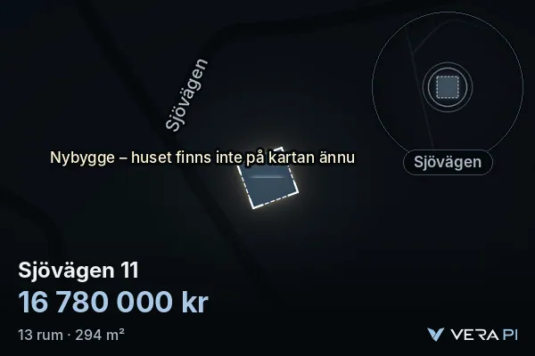 VERA PI's image of Sjövägen 11: the building in 3D, lit in blue, and the map around it