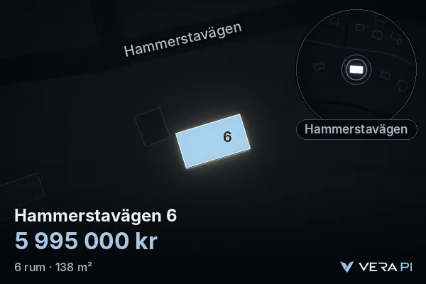 VERA PI:s bild av Hammerstavägen 6: huset i 3D, upplyst i blått, och kartan runt omkring