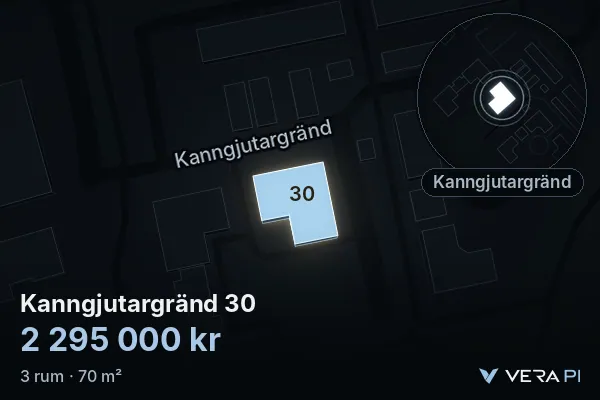 VERA PI:s bild av Kanngjutargränd 30: huset i 3D, upplyst i blått, och kartan runt omkring