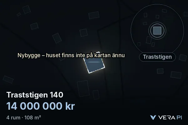 VERA PI's image of Traststigen 140: the building in 3D, lit in blue, and the map around it