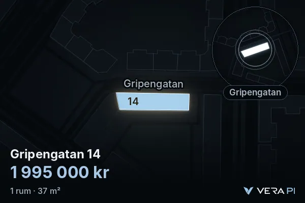 VERA PI's image of Gripengatan 14: the building in 3D, lit in blue, and the map around it