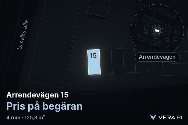 VERA PI:s bild av Arrendevägen 15: huset i 3D, upplyst i blått, och kartan runt omkring