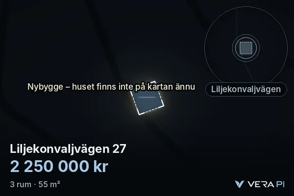 VERA PI:s bild av Liljekonvaljvägen 27: huset i 3D, upplyst i blått, och kartan runt omkring