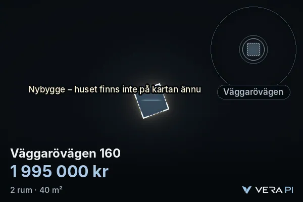VERA PI:s bild av Väggarövägen 160: huset i 3D, upplyst i blått, och kartan runt omkring