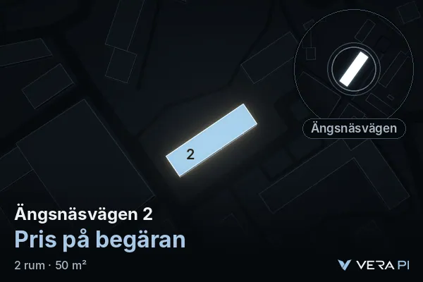 VERA PI:s bild av Ängsnäsvägen 2: huset i 3D, upplyst i blått, och kartan runt omkring