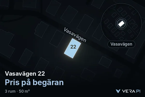 VERA PI's image of Vasavägen 22: the building in 3D, lit in blue, and the map around it