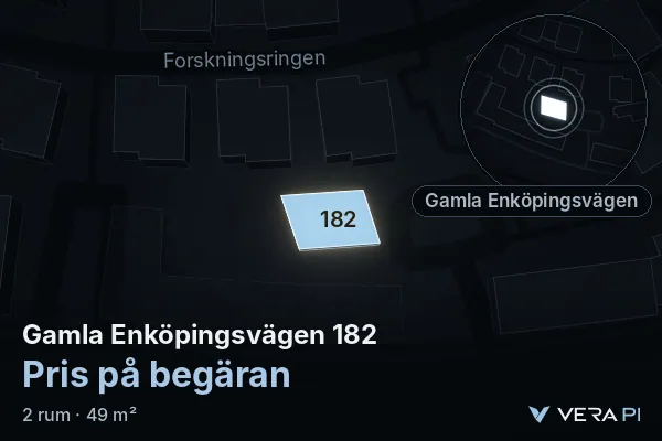VERA PI:s bild av Gamla Enköpingsvägen 182: huset i 3D, upplyst i blått, och kartan runt omkring