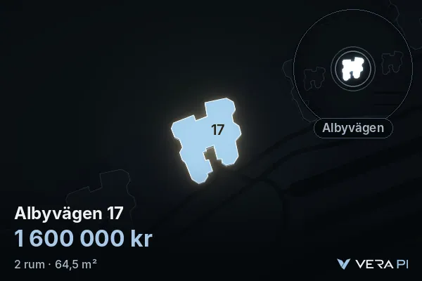 VERA PI's image of Albyvägen 17: the building in 3D, lit in blue, and the map around it