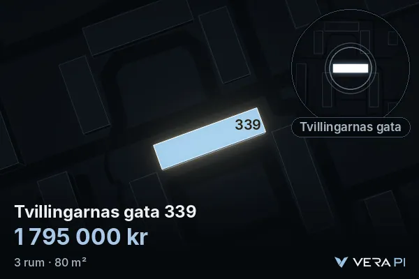 VERA PI:s bild av Tvillingarnas gata 339: huset i 3D, upplyst i blått, och kartan runt omkring