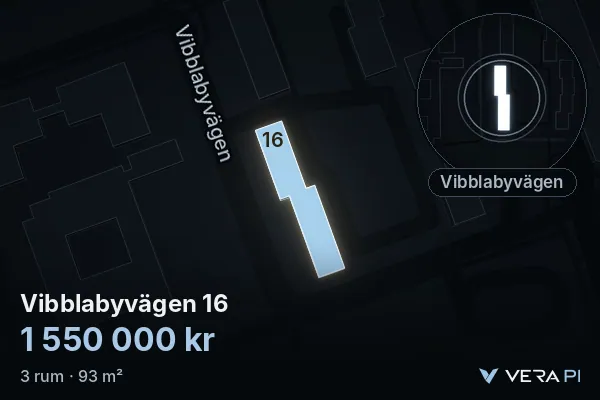 VERA PI's image of Vibblabyvägen 16: the building in 3D, lit in blue, and the map around it