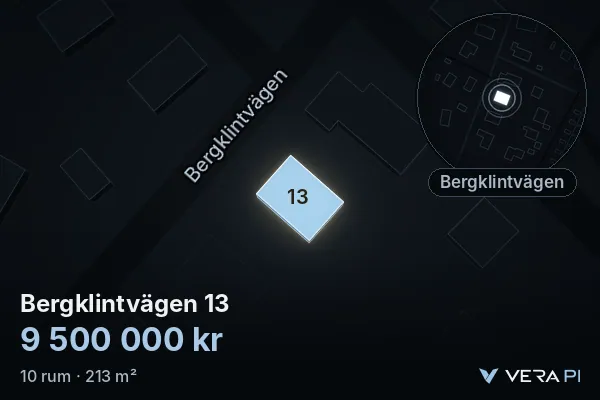 VERA PI:s bild av Bergklintvägen 13: huset i 3D, upplyst i blått, och kartan runt omkring