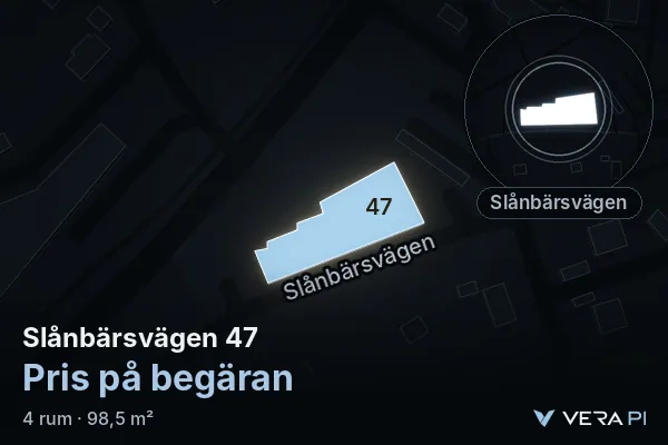 VERA PI:s bild av Slånbärsvägen 47: huset i 3D, upplyst i blått, och kartan runt omkring