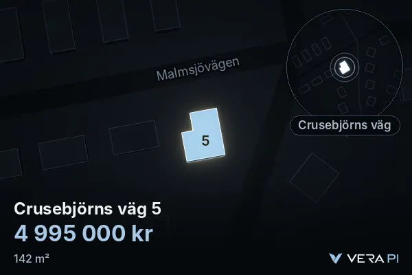 VERA PI's image of Crusebjörns väg 5: the building in 3D, lit in blue, and the map around it