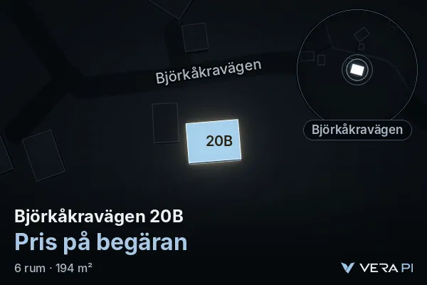 VERA PI:s bild av Björkåkravägen 20B: huset i 3D, upplyst i blått, och kartan runt omkring