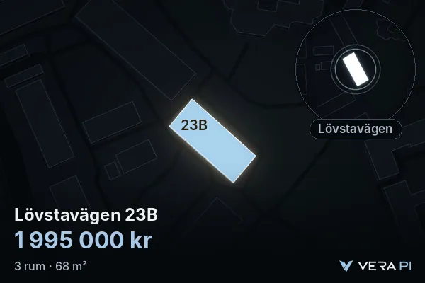 VERA PI:s bild av Lövstavägen 23B: huset i 3D, upplyst i blått, och kartan runt omkring