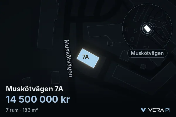 VERA PI:s bild av Muskötvägen 7A: huset i 3D, upplyst i blått, och kartan runt omkring