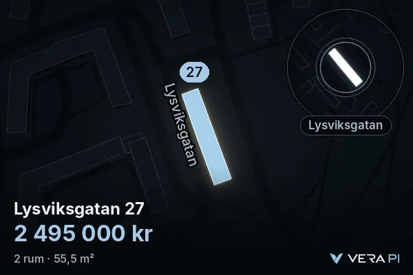 VERA PI:s bild av Lysviksgatan 27: huset i 3D, upplyst i blått, och kartan runt omkring