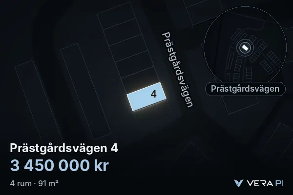 VERA PI's image of Prästgårdsvägen 4: the building in 3D, lit in blue, and the map around it