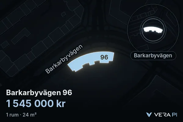 VERA PI's image of Barkarbyvägen 96: the building in 3D, lit in blue, and the map around it