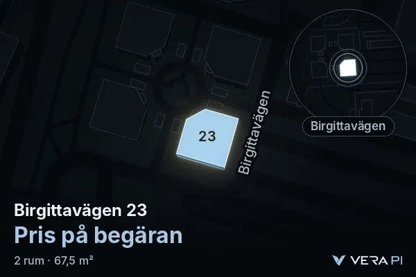 VERA PI's image of Birgittavägen 23: the building in 3D, lit in blue, and the map around it