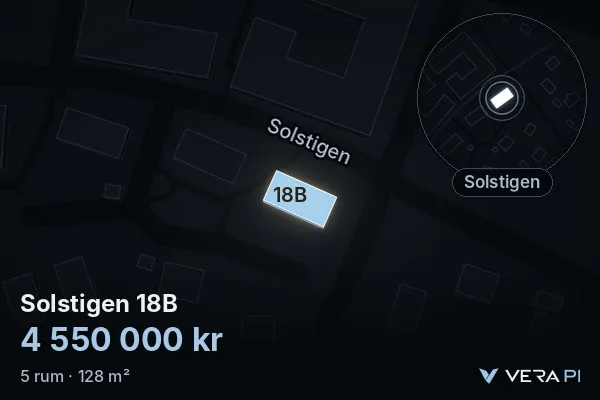 VERA PI's image of Solstigen 18B: the building in 3D, lit in blue, and the map around it