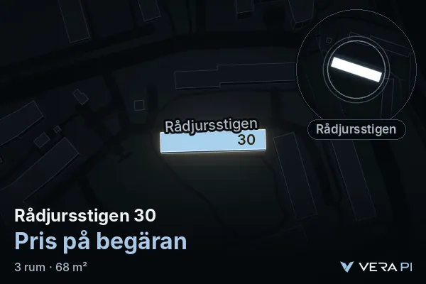 VERA PI:s bild av Rådjursstigen 30: huset i 3D, upplyst i blått, och kartan runt omkring