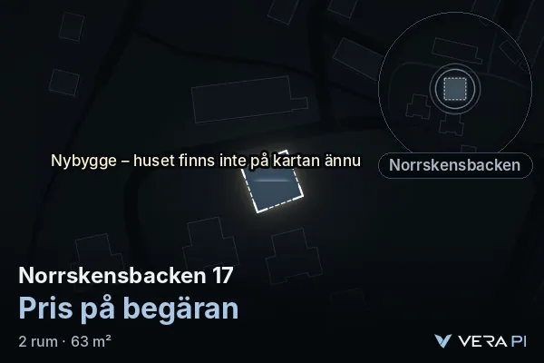 VERA PI's image of Norrskensbacken 17: the building in 3D, lit in blue, and the map around it
