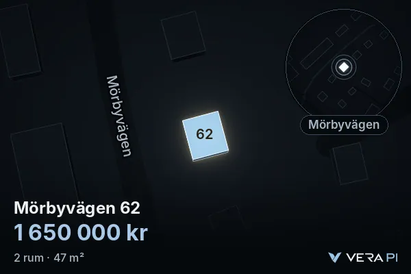 VERA PI:s bild av Mörbyvägen 62: huset i 3D, upplyst i blått, och kartan runt omkring