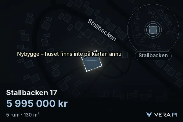 VERA PI's image of Stallbacken 17: the building in 3D, lit in blue, and the map around it