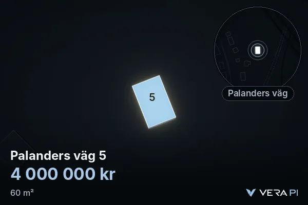 VERA PI:s bild av Palanders väg 5: huset i 3D, upplyst i blått, och kartan runt omkring