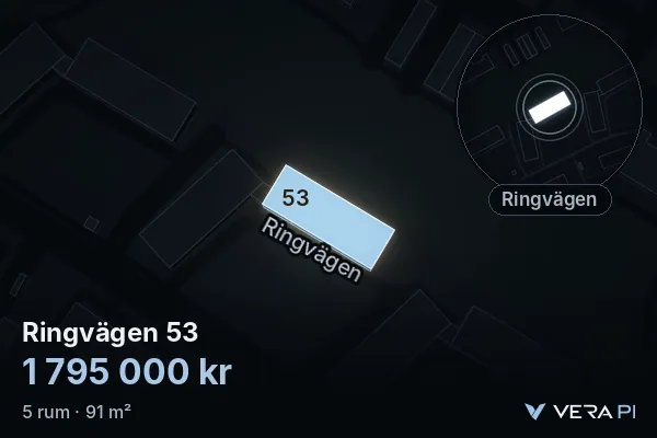 VERA PI:s bild av Ringvägen 53: huset i 3D, upplyst i blått, och kartan runt omkring