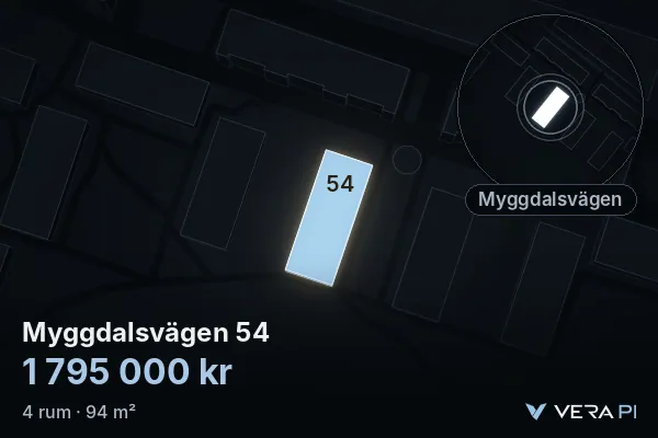 VERA PI's image of Myggdalsvägen 54: the building in 3D, lit in blue, and the map around it