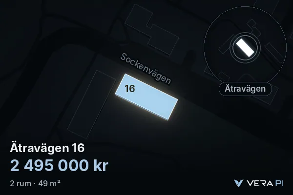 VERA PI:s bild av Ätravägen 16: huset i 3D, upplyst i blått, och kartan runt omkring