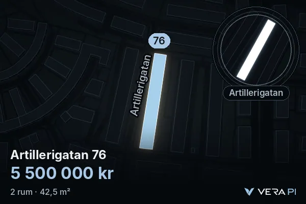 VERA PI:s bild av Artillerigatan 76: huset i 3D, upplyst i blått, och kartan runt omkring