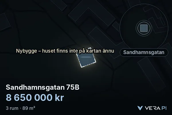 VERA PI:s bild av Sandhamnsgatan 75B: huset i 3D, upplyst i blått, och kartan runt omkring