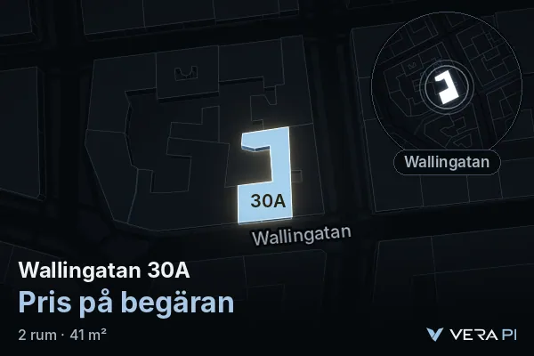 VERA PI:s bild av Wallingatan 30A: huset i 3D, upplyst i blått, och kartan runt omkring