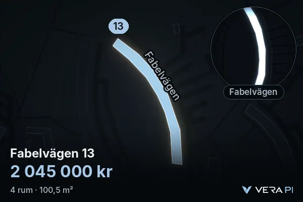 VERA PI's image of Fabelvägen 13: the building in 3D, lit in blue, and the map around it