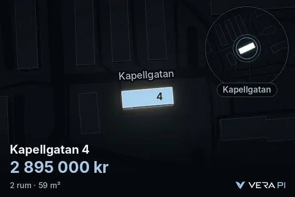 VERA PI's image of Kapellgatan 4: the building in 3D, lit in blue, and the map around it