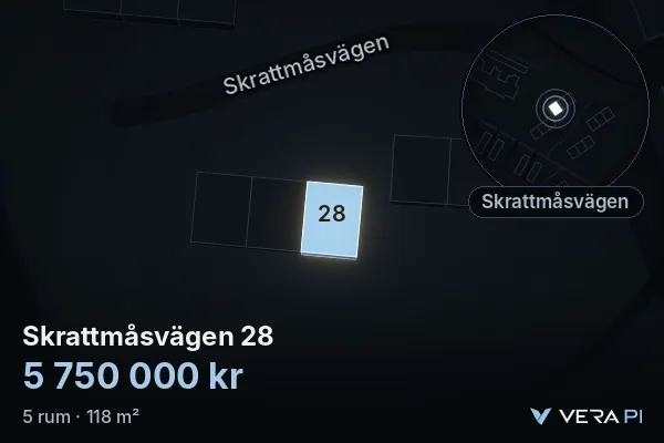VERA PI:s bild av Skrattmåsvägen 28: huset i 3D, upplyst i blått, och kartan runt omkring