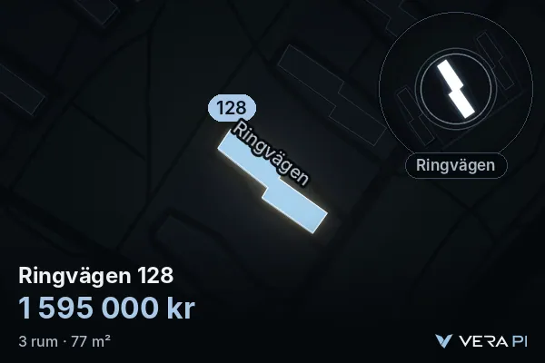 VERA PI:s bild av Ringvägen 128: huset i 3D, upplyst i blått, och kartan runt omkring