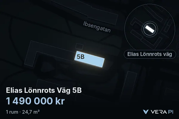 VERA PI:s bild av Elias Lönnrots Väg 5B: huset i 3D, upplyst i blått, och kartan runt omkring