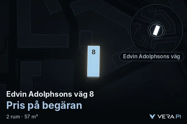 VERA PI's image of Edvin Adolphsons väg 8: the building in 3D, lit in blue, and the map around it