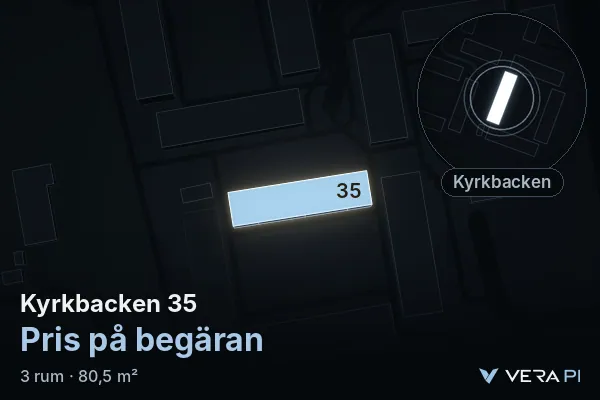 VERA PI's image of Kyrkbacken 35: the building in 3D, lit in blue, and the map around it