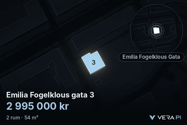 VERA PI's image of Emilia Fogelklous gata 3: the building in 3D, lit in blue, and the map around it