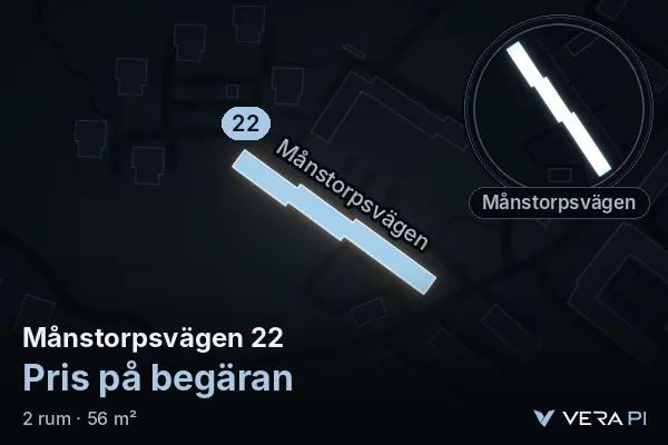 VERA PI's image of Månstorpsvägen 22: the building in 3D, lit in blue, and the map around it