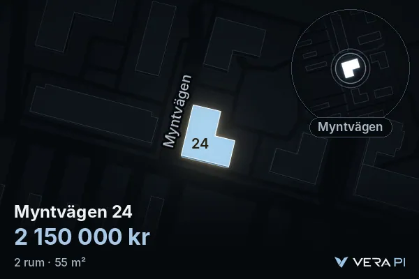 VERA PI's image of Myntvägen 24: the building in 3D, lit in blue, and the map around it